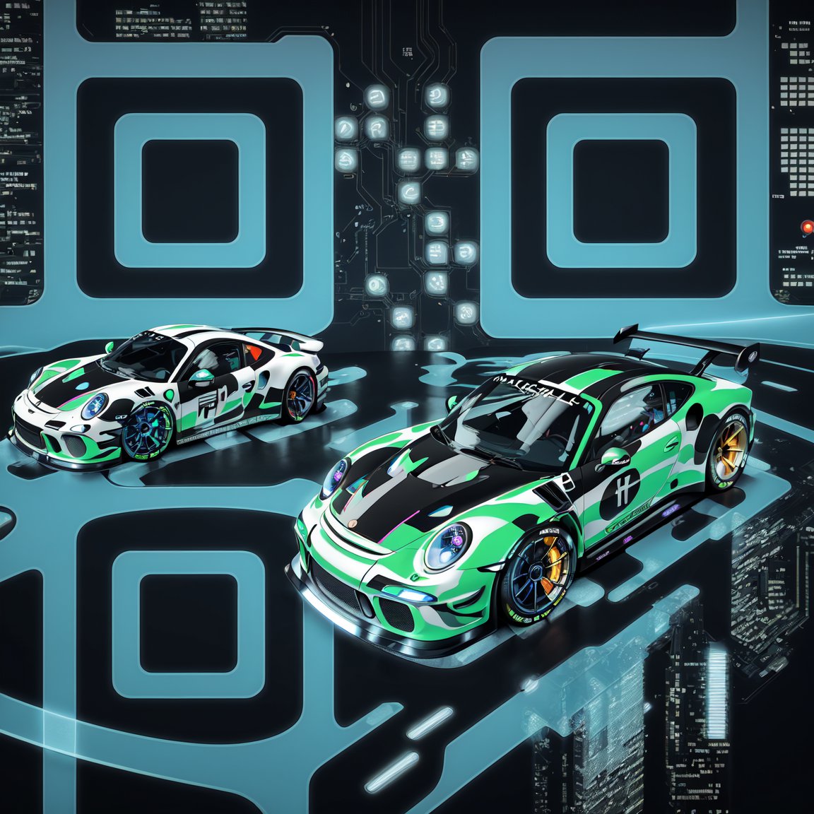 Artistic QR codes integrated into racing car designs